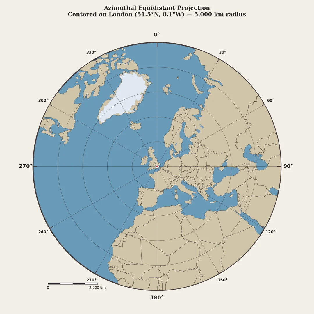 Azimuthal equidistant map centered on London