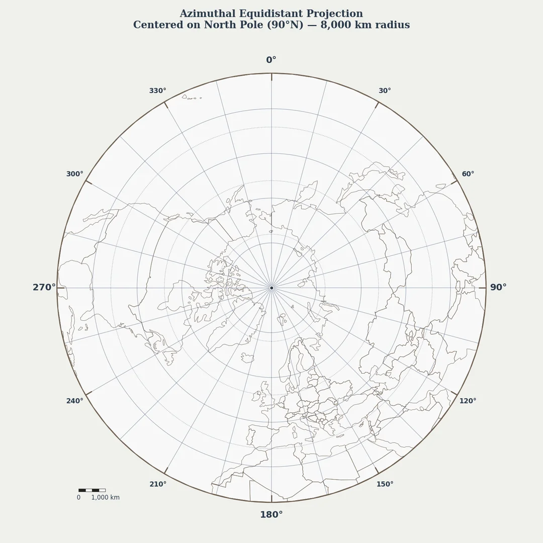 Azimuthal equidistant map centered on North Pole