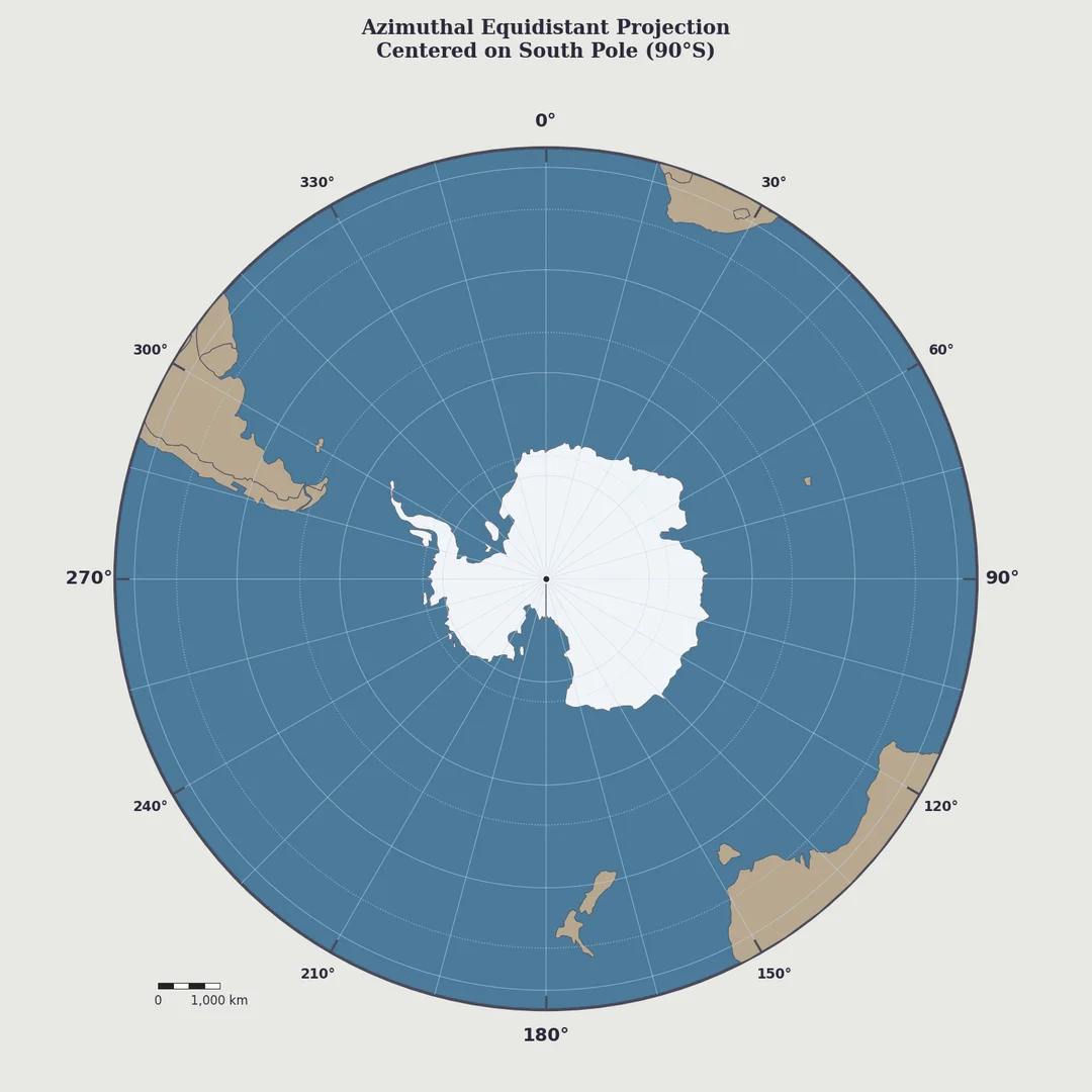 Azimuthal equidistant map centered on South Pole