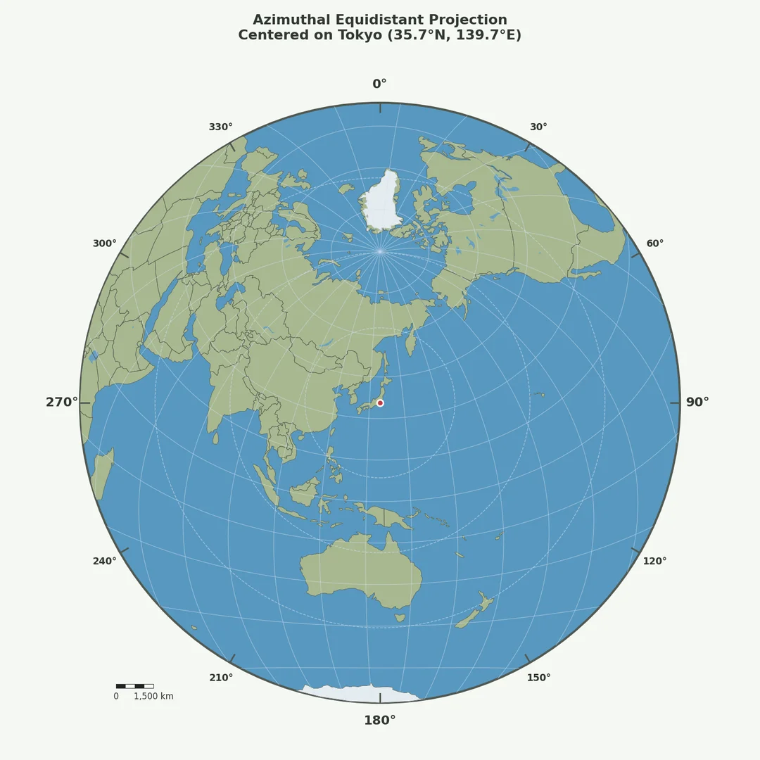 Azimuthal equidistant map centered on Tokyo