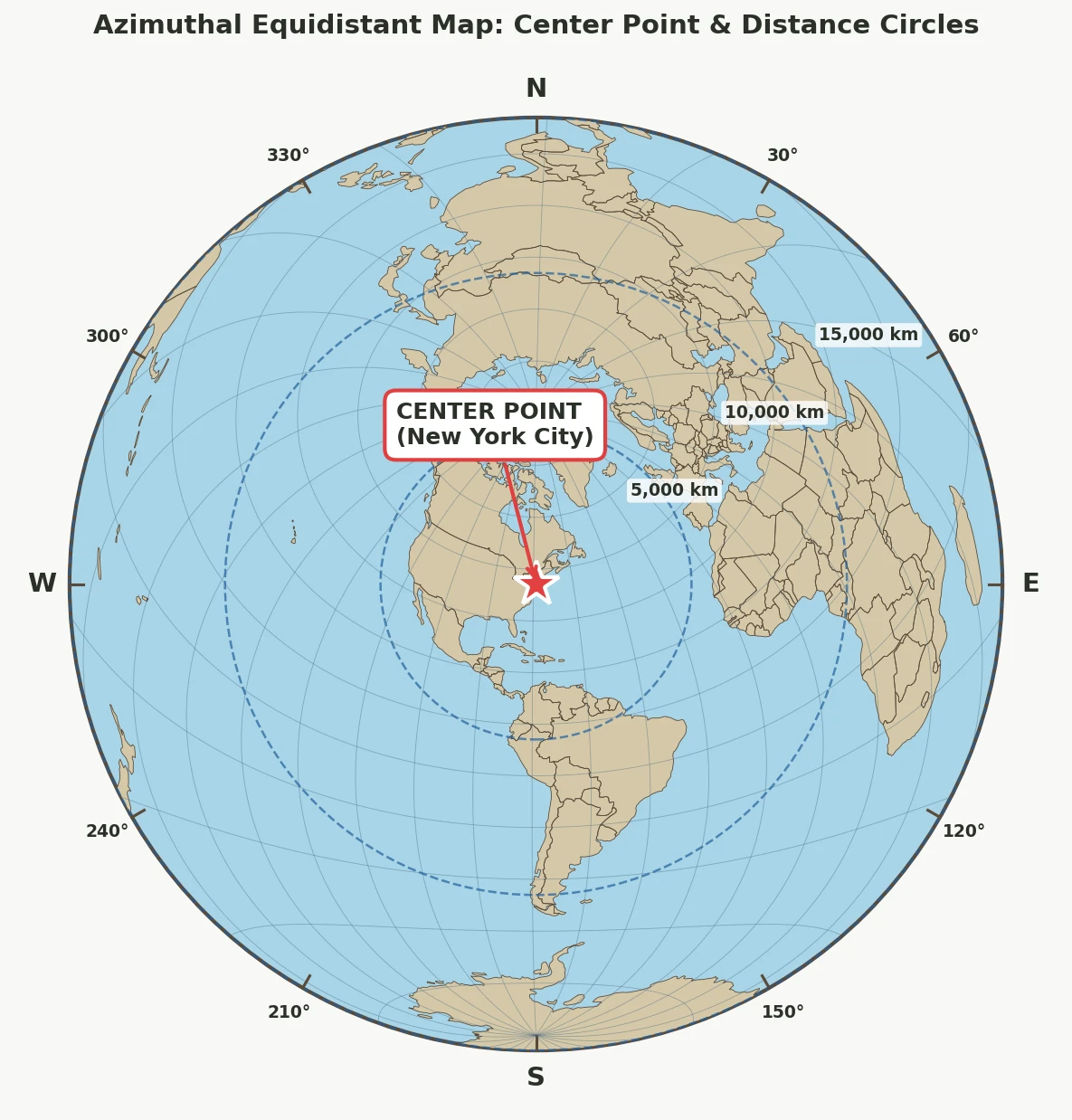 Example showing the center point of an azimuthal equidistant map with concentric distance circles