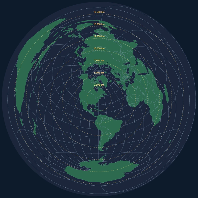 D3.js azimuthal equidistant map with distance rings showing kilometers from center