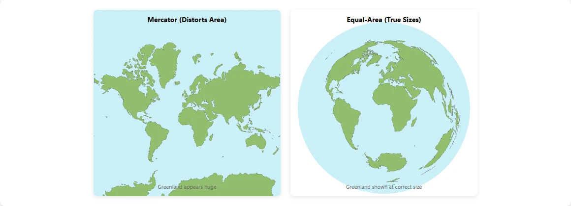 Mercator vs Lambert equal-area projection comparison