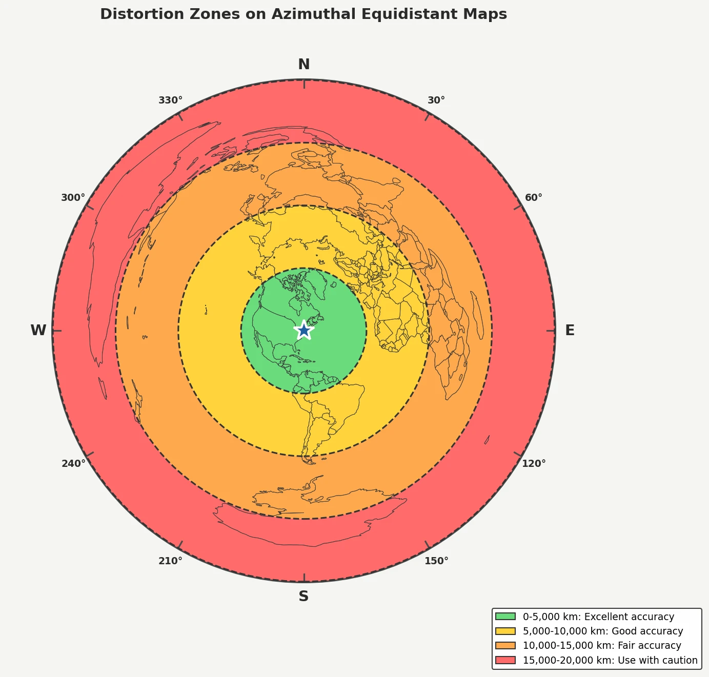 Map showing distortion zones with color-coded regions from low to high distortion