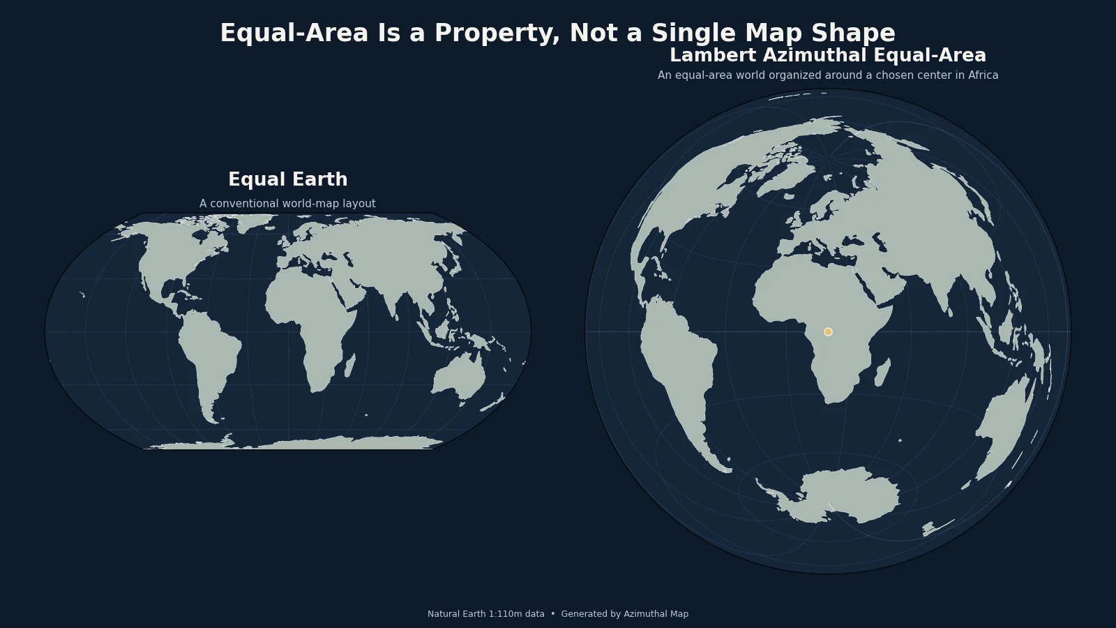 Equal Earth world projection compared with a Lambert azimuthal equal-area projection centered on Africa