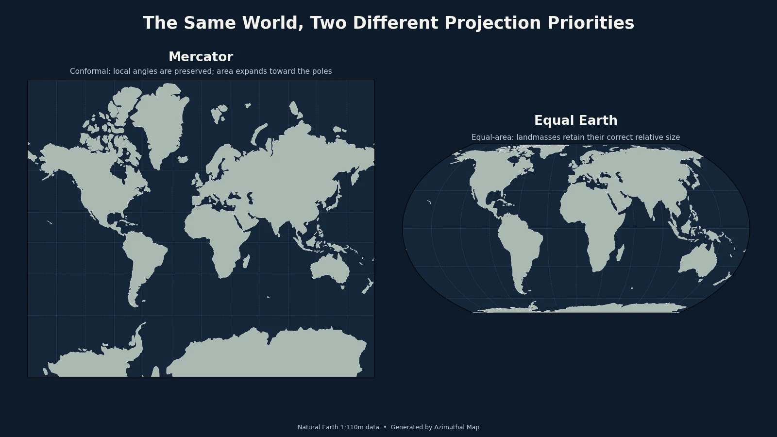 Mercator and Equal Earth world maps shown side by side, illustrating how their different projection properties affect apparent landmass size