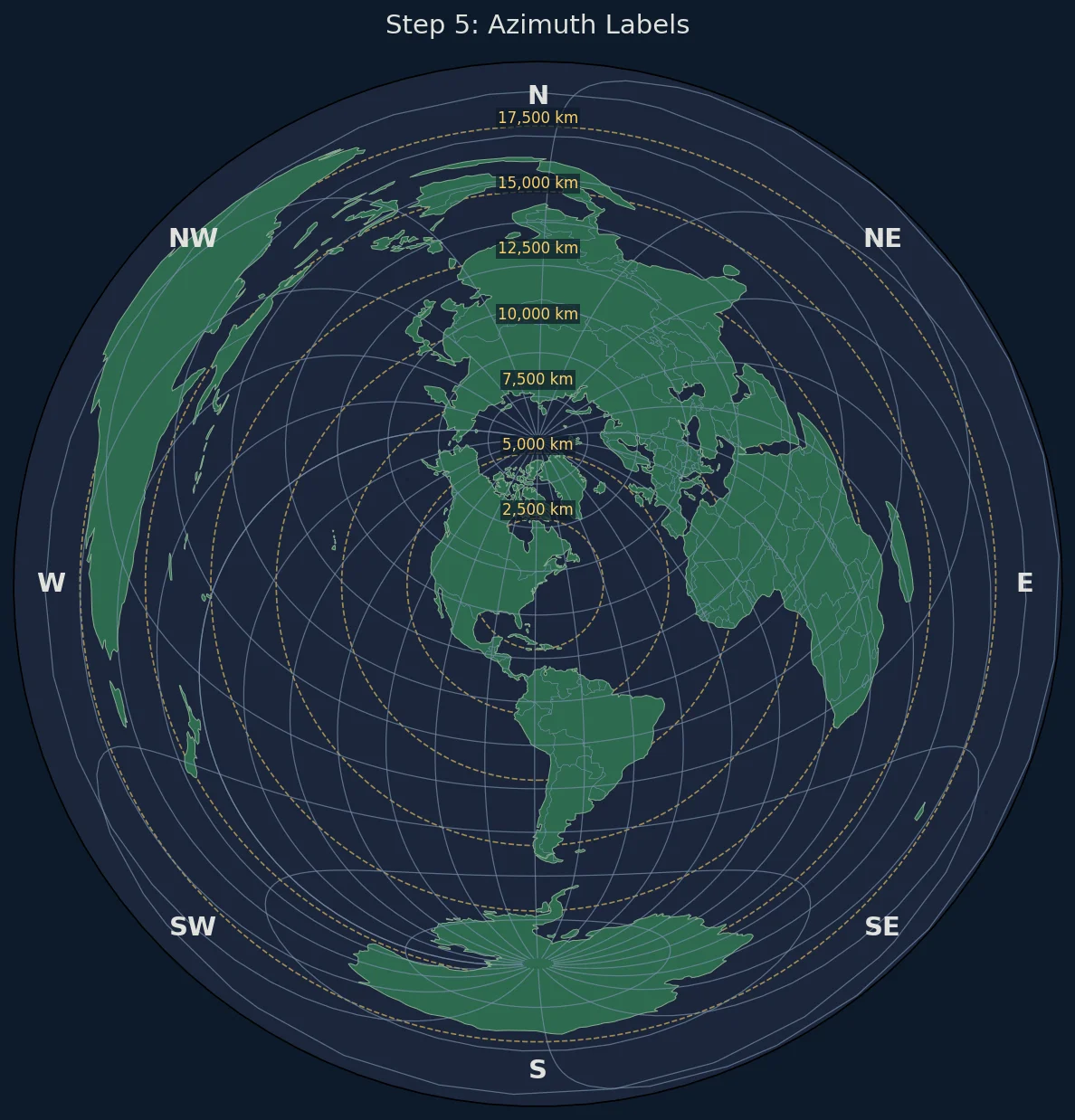 Azimuthal equidistant map with compass direction labels around the edge