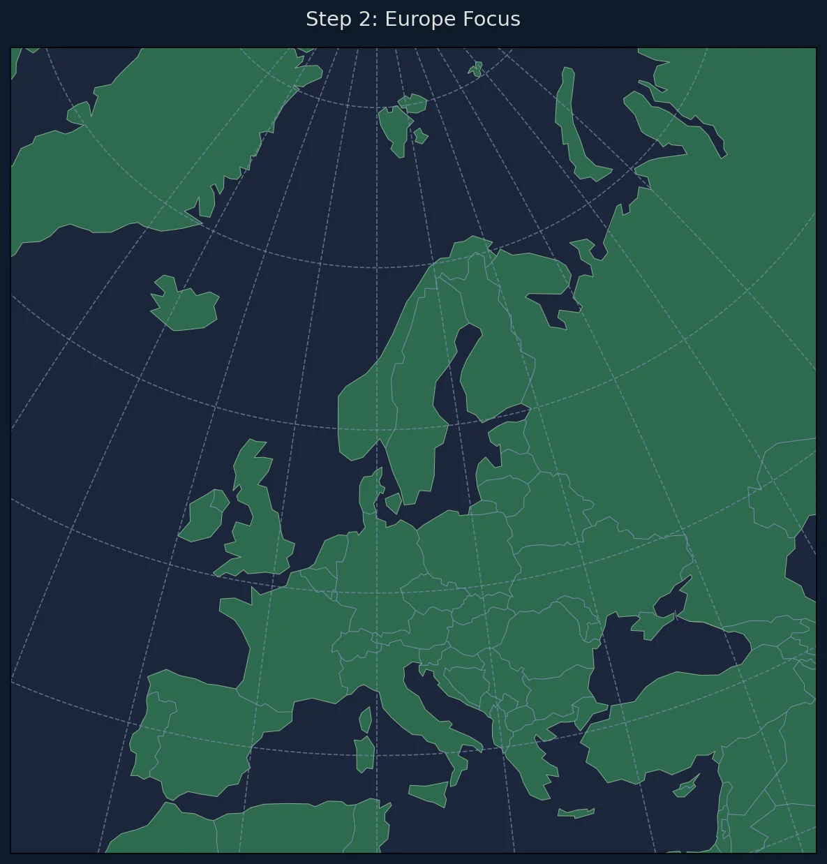 Europe map using Lambert Equal-Area projection showing country borders