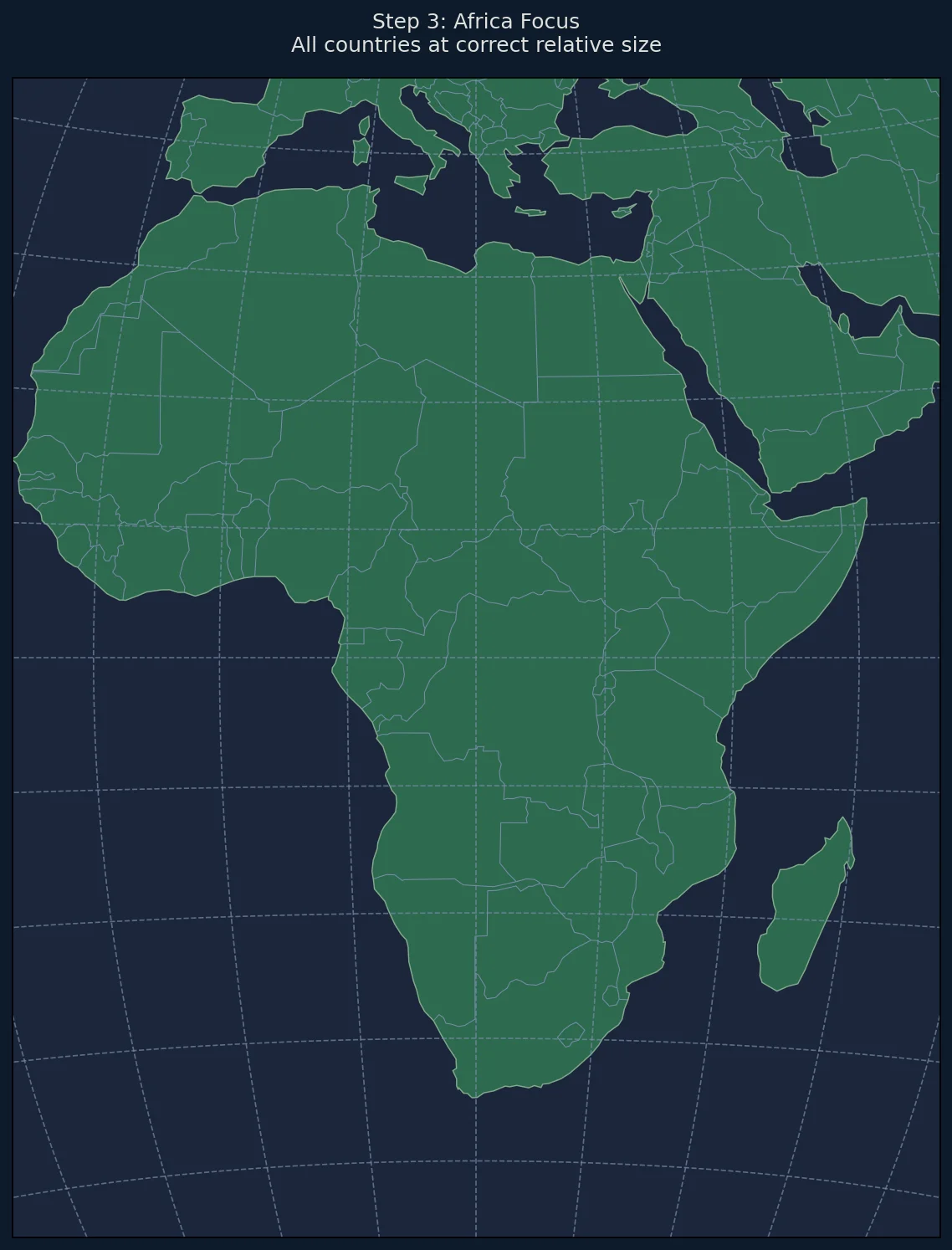 Africa map using Lambert Equal-Area projection with all countries at correct relative size