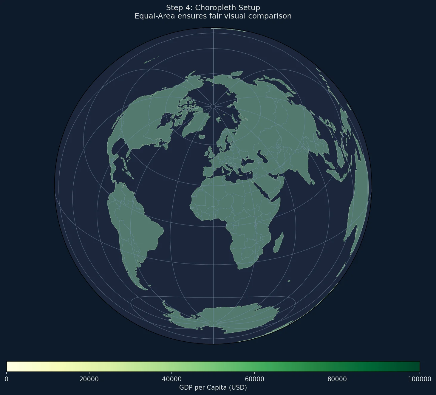 Lambert equal-area choropleth map showing GDP per capita by country