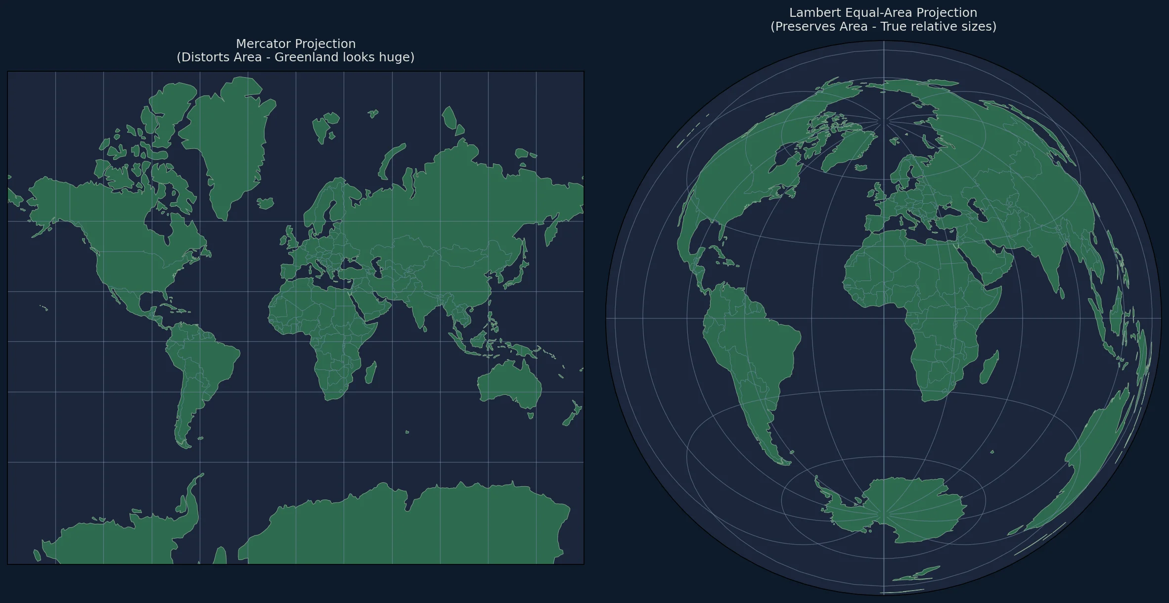 Side-by-side comparison of Mercator and Lambert equal-area projections showing area distortion differences