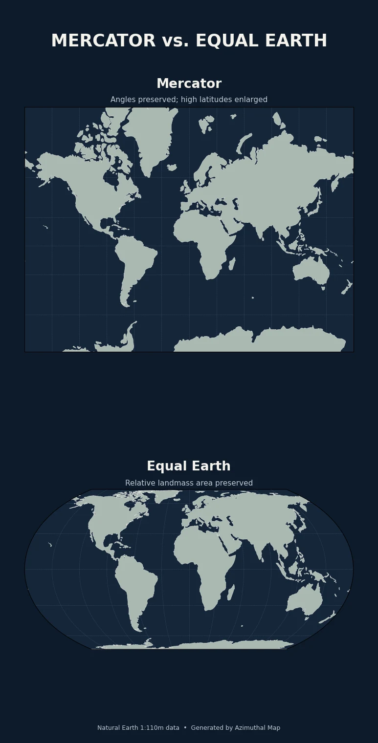 Mercator and Equal Earth world maps shown side by side, illustrating how their different projection properties affect apparent landmass size