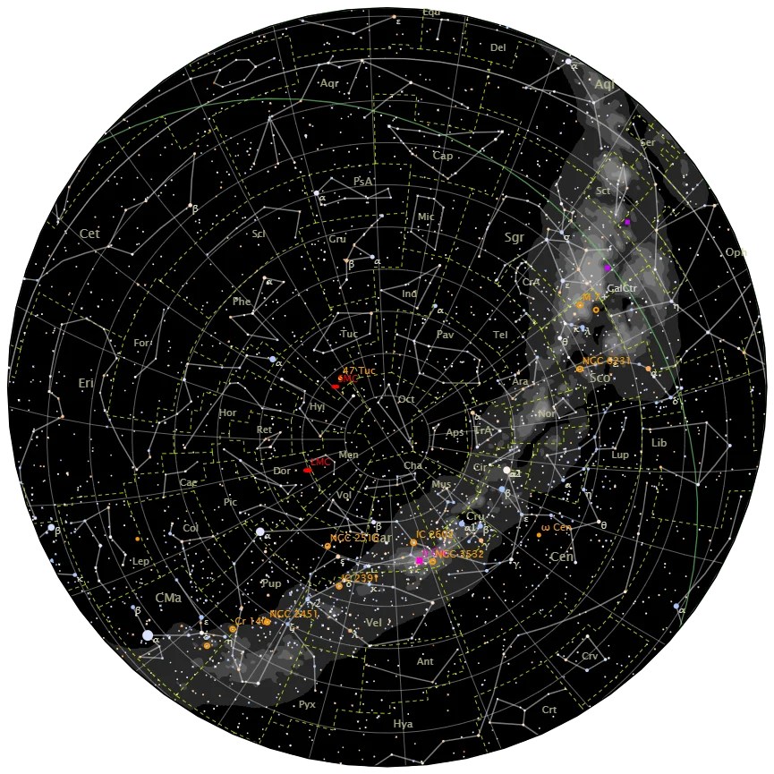 Star chart showing constellations using polar projection