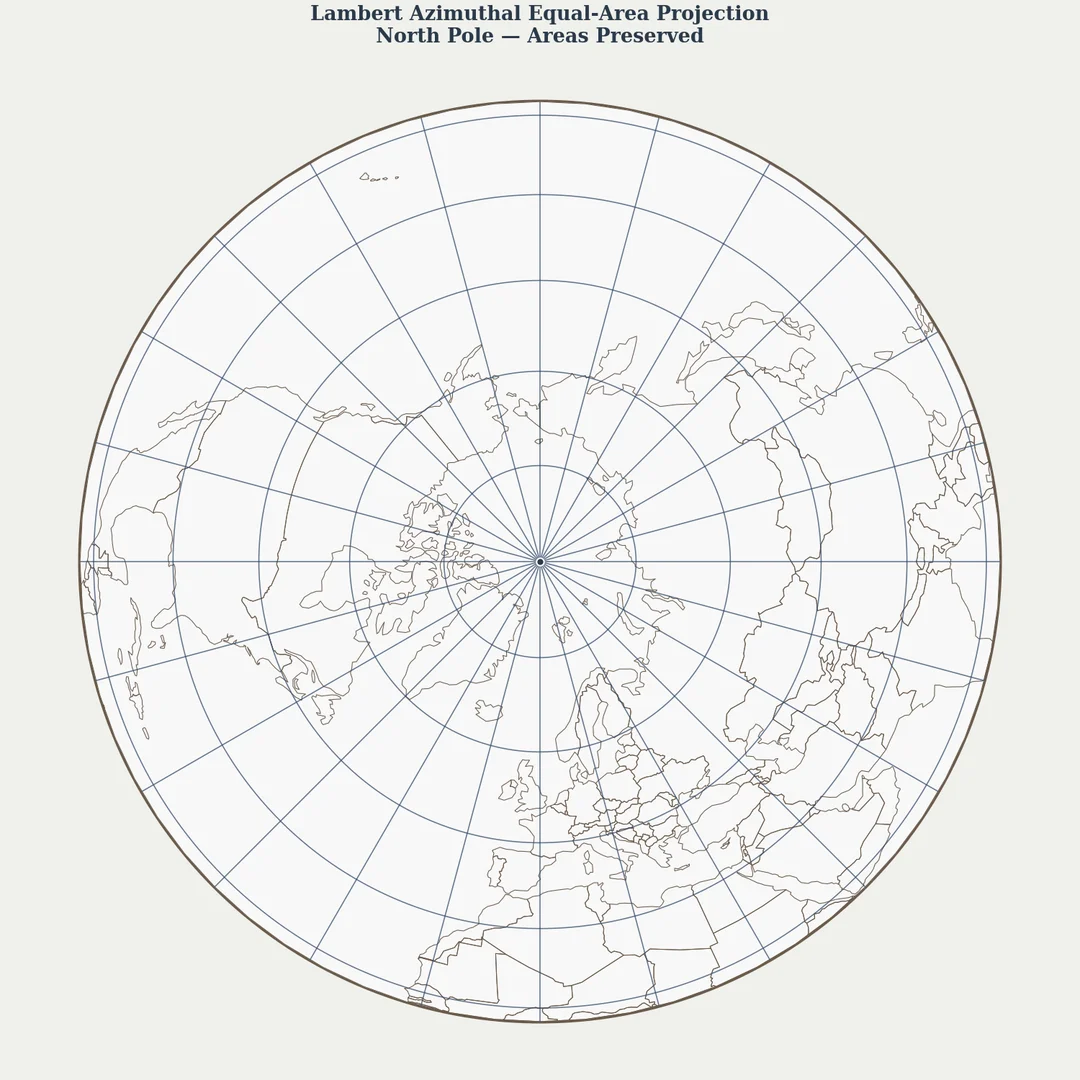 Lambert azimuthal equal-area projection map centered on the North Pole, showing the Arctic region with all countries displayed at their true relative sizes