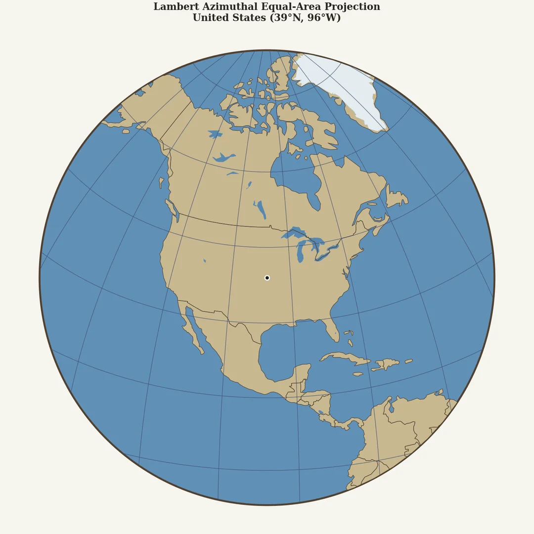 Lambert azimuthal equal-area projection map of the United States centered at 39°N 96°W, showing the contiguous states and Alaska at correct relative sizes